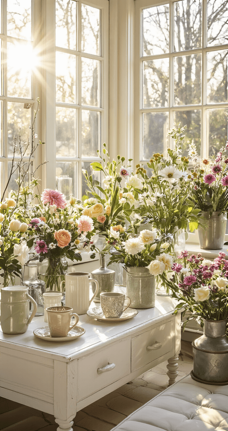 A bright sunroom filled with winter floral arrangements in various vessels, featuring ceramic mugs, glass bottles, and metal containers. The space showcases a layered design with negative space, blending real and faux elements, while white painted furniture contrasts with rich floral colors. The high-angle perspective captures the abundant natural light and stylish composition during golden hour.
