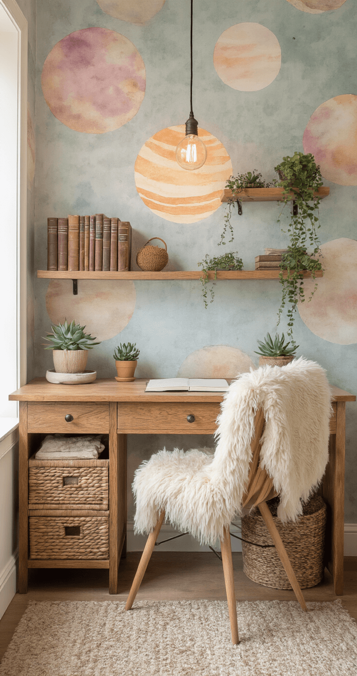 A cozy study nook bathed in late afternoon light, featuring a vintage oak desk against watercolor planet wallpaper, floating shelves with leather-bound books and succulents, and an ergonomic chair with a sheepskin throw, accented by a pendant light with an Edison bulb.