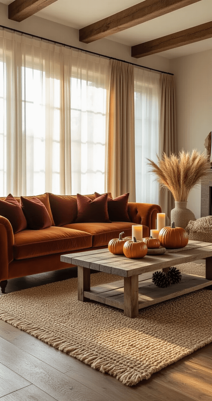 Stunning Fall Harvest Decorations: Transform Your Home with Autumnal Charm A cozy autumn living room featuring a burnt orange velvet sofa with burgundy pillows, a rustic wood coffee table adorned with amber glass pumpkins and dried wheat, all illuminated by golden hour sunlight through sheer curtains, with warm candlelight and a textured jute rug adding to the inviting ambiance.