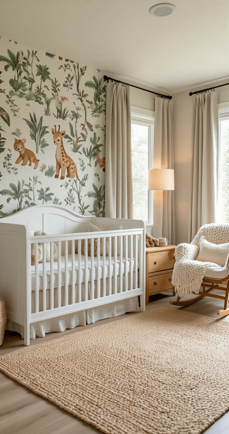 Charming nursery with jungle animal wallpaper in soft earth tones, featuring a white convertible crib, natural fiber rug, wooden toy chest, and rocking chair with a knit blanket, bathed in morning light. Blackout curtains frame the windows while a table lamp adds a warm glow, creating a peaceful, adventure-themed space for children.
