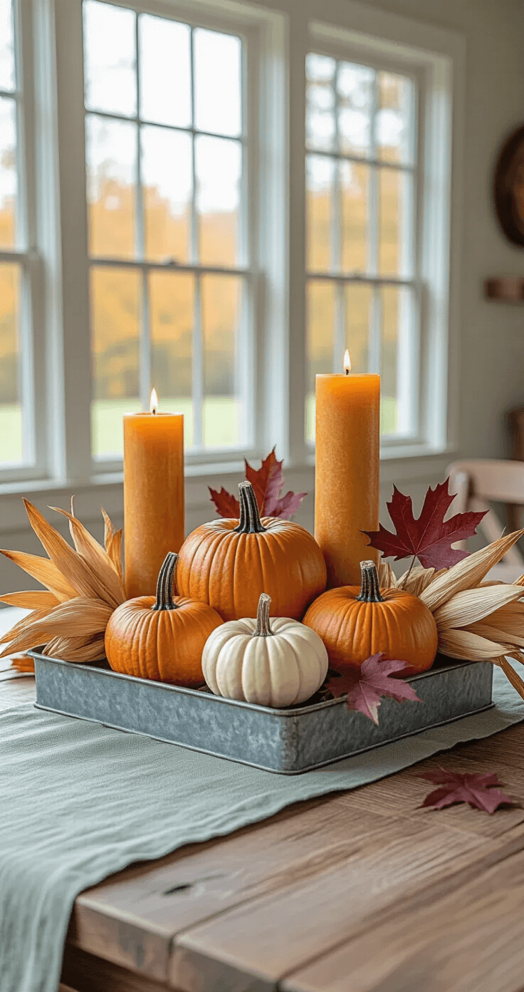 Stunning Fall Harvest Decorations: Transform Your Home with Autumnal Charm Close-up of a rustic dining room centerpiece featuring a galvanized metal tray with mini pumpkins in burnt orange, cream, and deep gold, surrounded by tall amber pillar candles, dried corn husks, and scattered burgundy maple leaves on a weathered oak farmhouse table, with a muted sage green linen table runner underneath, illuminated by afternoon natural light.