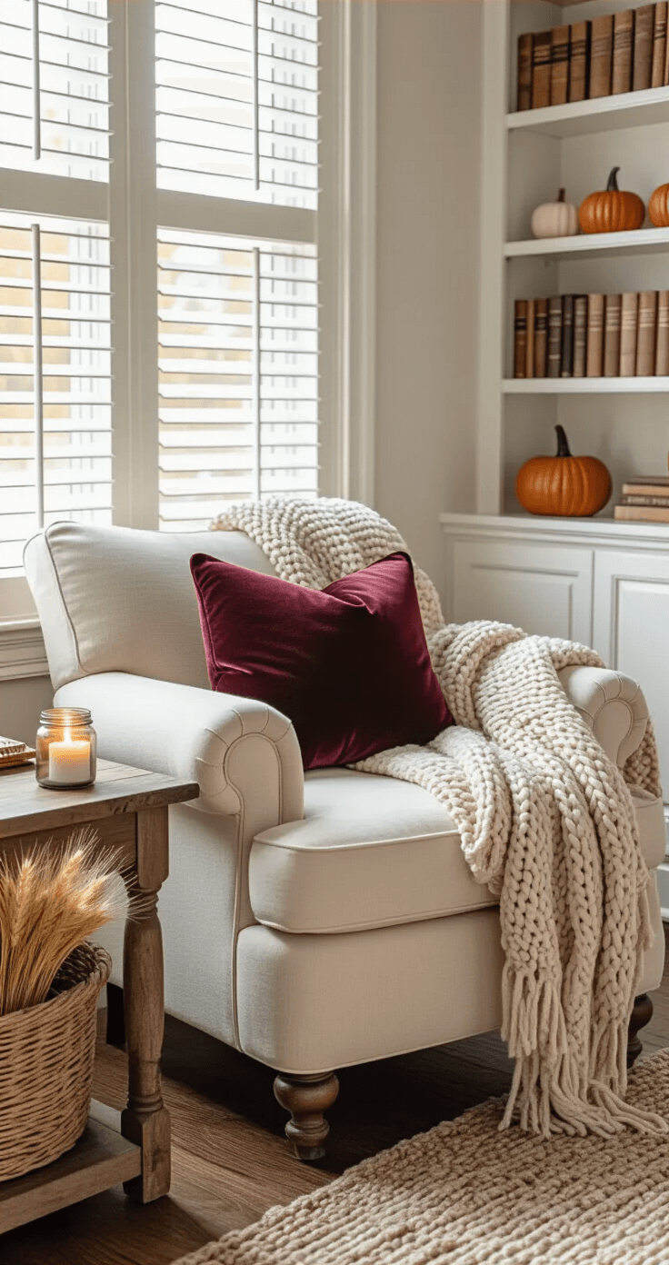 Stunning Fall Harvest Decorations: Transform Your Home with Autumnal Charm Cozy reading nook featuring an oversized cream armchair with a chunky knit throw and burgundy pillow, surrounded by natural light from plantation shutters, vintage wooden side table with ceramic pumpkins and a candle, woven basket of dried wheat, and a built-in bookshelf in a warm autumn atmosphere.