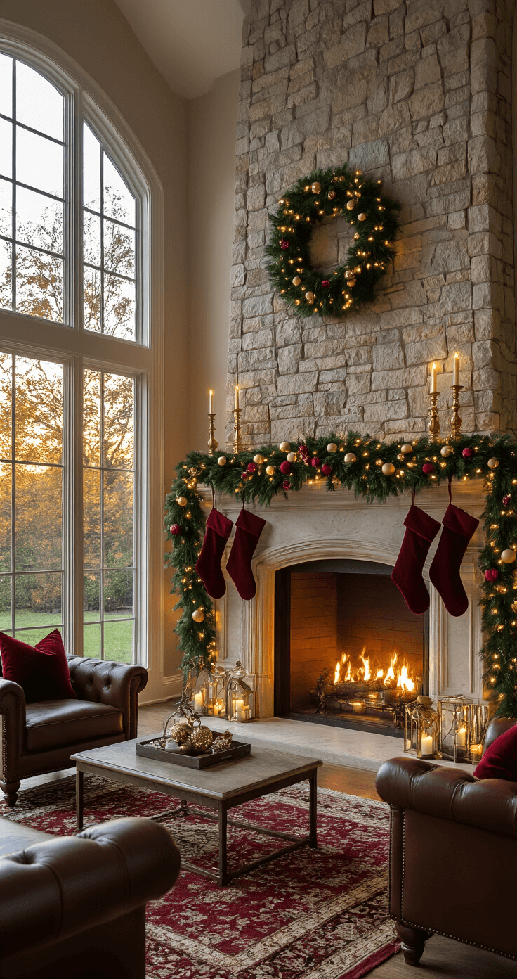 Elegant living room featuring a grand stone fireplace, warm golden hour light, lush emerald garland with string lights, burgundy velvet stockings, brass candlesticks, and a rich red and gold ornament palette, complemented by cozy leather armchairs and a Persian rug.
