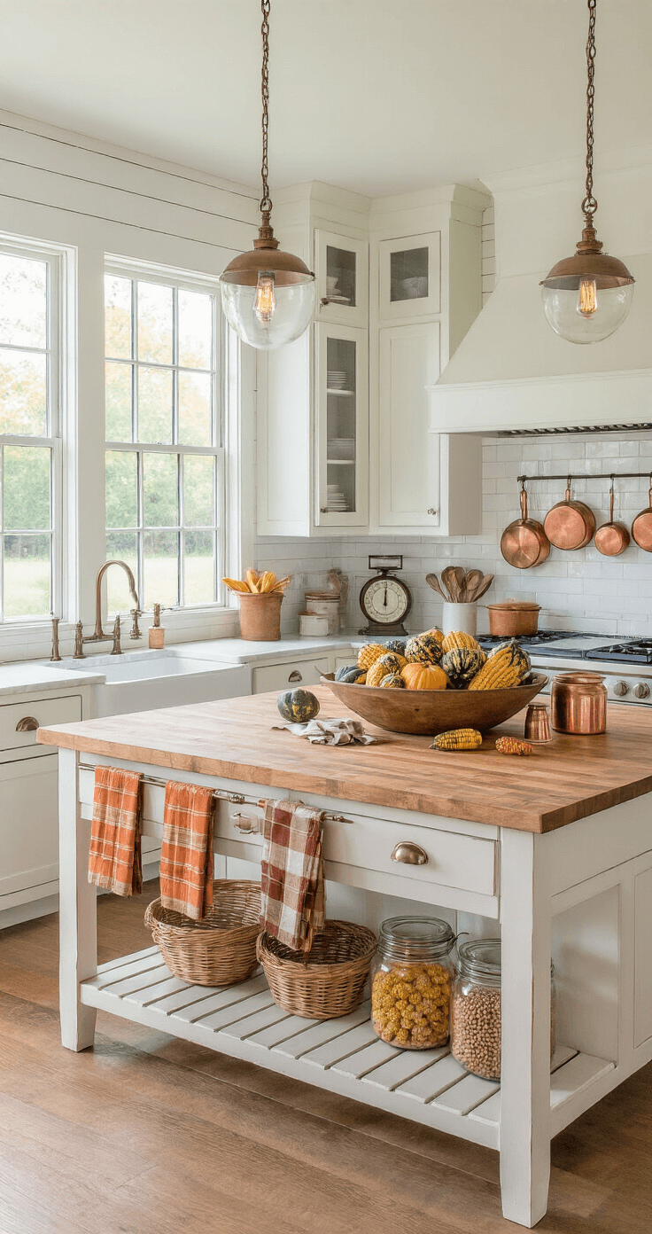Stunning Fall Harvest Decorations: Transform Your Home with Autumnal Charm A spacious farmhouse kitchen featuring a butcher block island adorned with a harvest display of gourds, mini Indian corn, and persimmons, surrounded by white shiplap cabinets and bright daylight streaming through oversized windows. Vintage copper measuring cups, wooden dough bowls, and mason jars add to the warm, inviting atmosphere, complemented by plaid kitchen towels and a subway tile backsplash, all under pendant lights with Edison bulbs, captured from an overhead angle.
