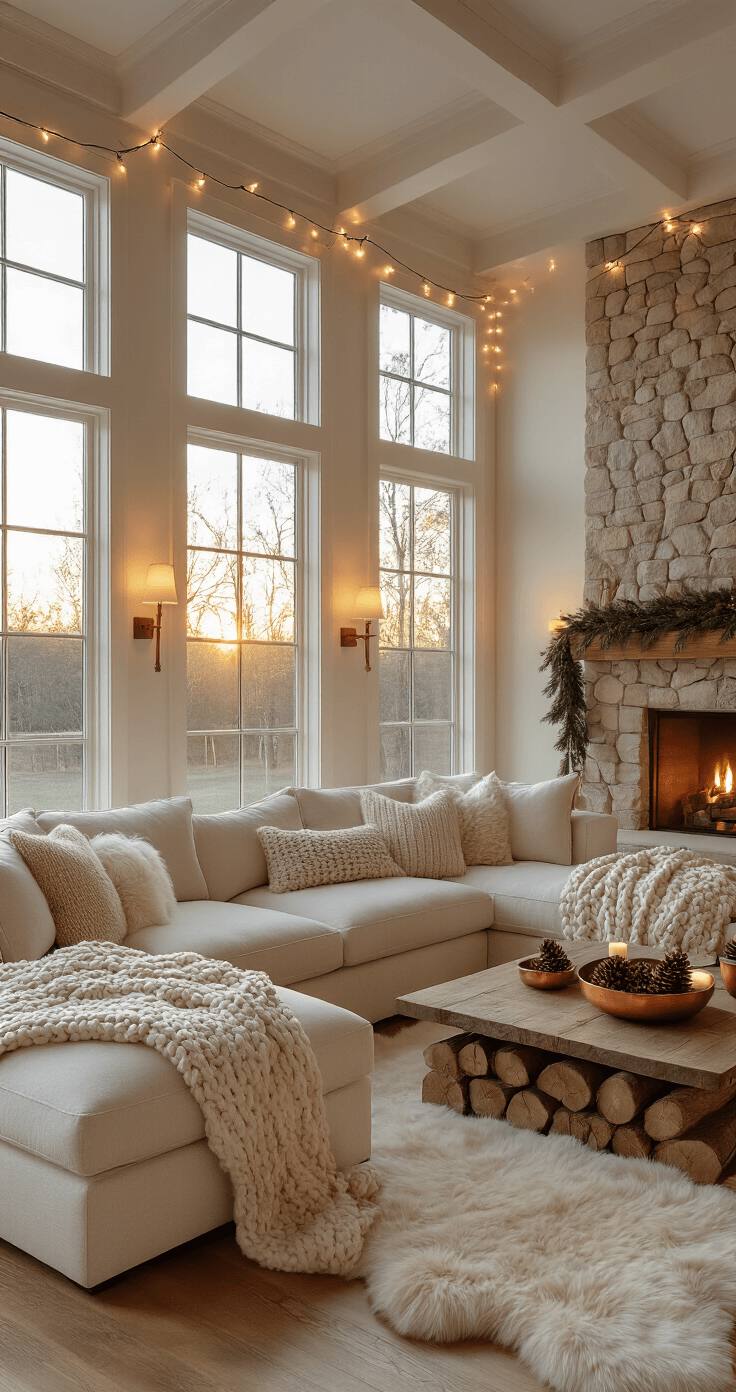 Photorealistic interior of a spacious living room bathed in warm golden hour light, featuring a cream sectional sofa with chunky cable-knit throws, textured pillows, cedar garland framing large windows, a stone fireplace with birchwood logs, rich hardwood floors with sheepskin rugs, and a reclaimed wood coffee table adorned with copper bowls of pinecones.
