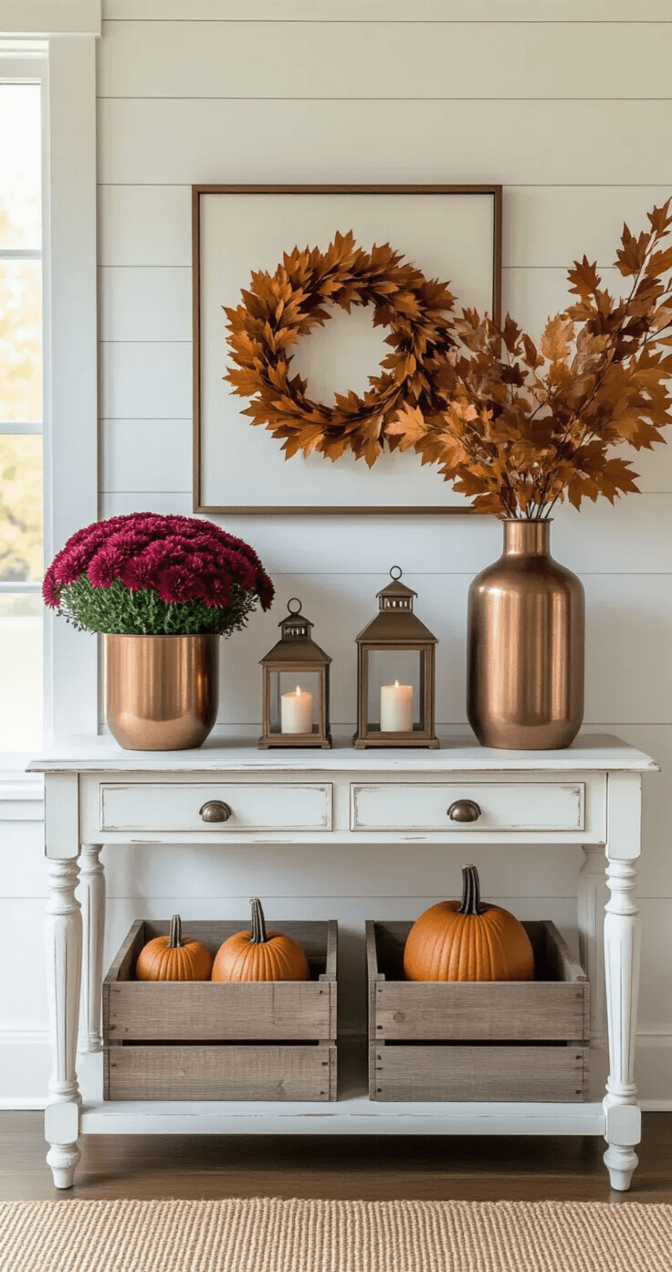Stunning Fall Harvest Decorations: Transform Your Home with Autumnal Charm A cozy entryway featuring a distressed white console table against a shiplap wall, adorned with symmetrical fall decorations, including deep burgundy mums in copper planters, tall branches with autumn leaves, and vintage brass lanterns with candles. Seasonal artwork hangs above, and a jute runner lies below, flanked by pumpkins on weathered wooden crates, all bathed in warm natural light.