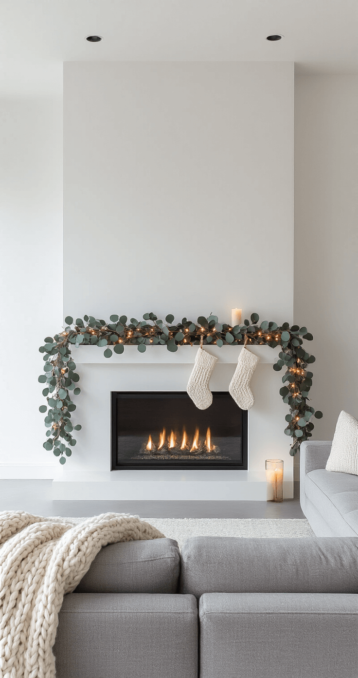 Eye-level view of a contemporary fireplace with a clean white surround, adorned with a sparse eucalyptus garland and copper wire lights. Three cream cable-knit stockings hang alongside a large white pillar candle in a glass hurricane. The neutral palette features whites, warm grays, and rose gold accents, complemented by a modern gray sectional with chunky throw blankets on polished concrete floors. The minimalist styling emphasizes negative space and geometric lines.