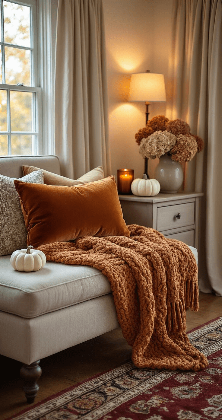 Stunning Fall Harvest Decorations: Transform Your Home with Autumnal Charm Intimate autumn-themed bedroom corner with warm lamplight, featuring a bench draped in a caramel throw, a nightstand with pumpkins and dried flowers, vintage rug, and soft linen curtains.