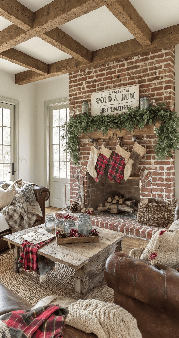 Cozy farmhouse living room featuring a rustic wood beam mantel over a brick fireplace, afternoon light streaming through French doors, adorned with mixed greenery garland, vintage mason jars with cranberries, and weathered wooden signs, alongside burlap stockings, scattered pinecones, a distressed leather sofa with quilted throws, and galvanized metal accents.