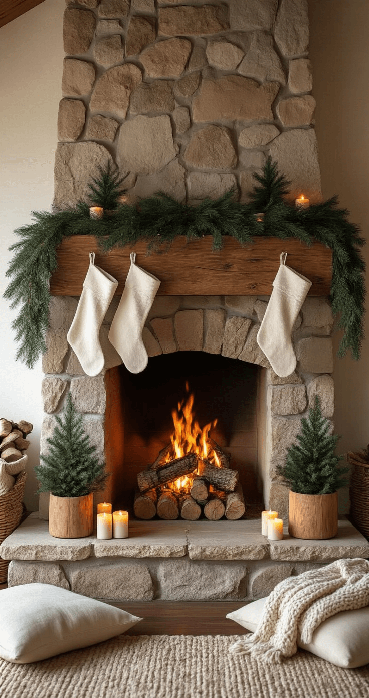 A cozy fireplace vignette featuring a crackling fire, rustic stone hearth adorned with a cedar garland, asymmetrical cream stockings, and natural wood planters with evergreens, illuminated by warm golden light and accented by chunky knit throws and floor cushions.