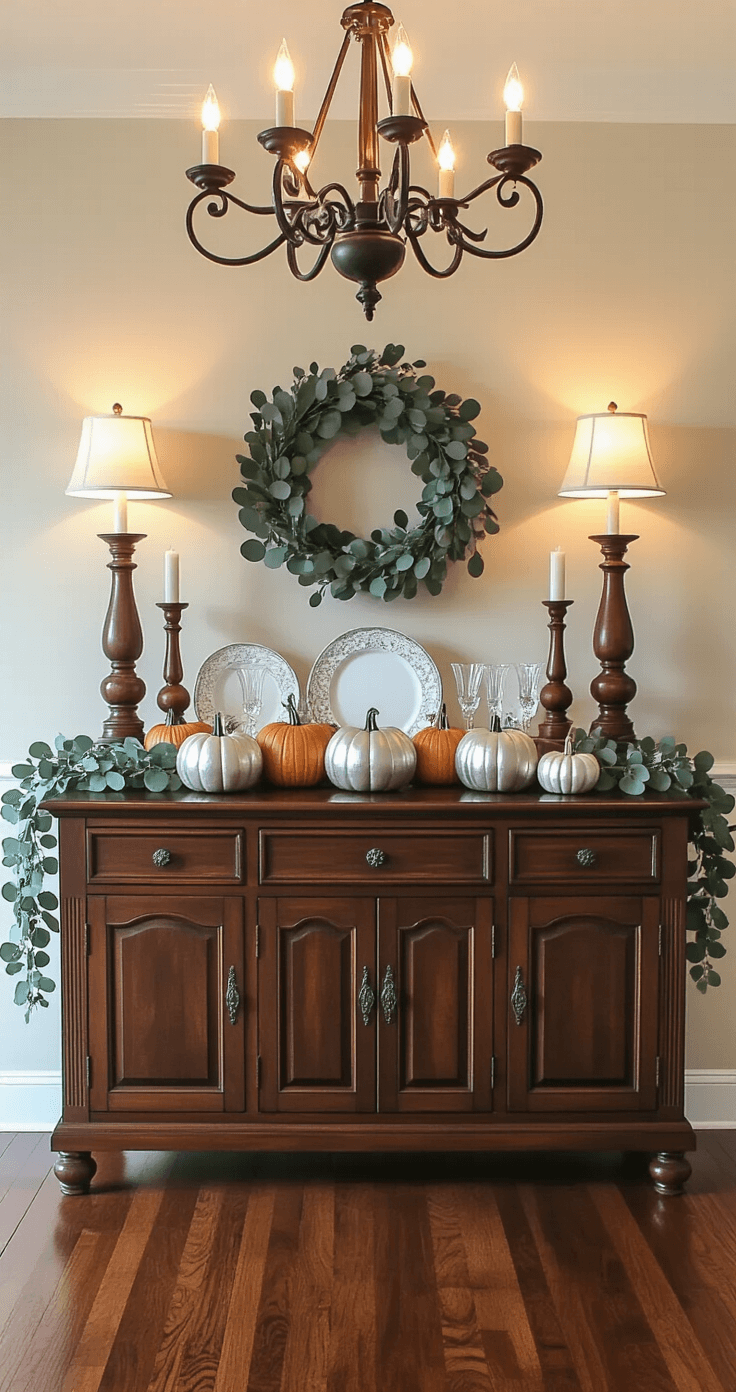 Stunning Fall Harvest Decorations: Transform Your Home with Autumnal Charm Elegant dining room buffet styled for a candlelit evening, featuring a dark walnut buffet against neutral walls, adorned with a sophisticated fall display of large wooden hurricane lanterns, pillar candles, mercury glass pumpkins, and draping eucalyptus garland, complemented by fine china and crystal stemware, all illuminated by a warm chandelier.