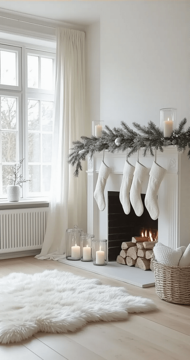 A serene Scandinavian interior featuring a white painted wood fireplace surrounded by large windows with sheer curtains, soft daylight filtering through. Delicate white pine garland and simple linen stockings in natural tones adorn the scene. White pillar candles in glass cloches and subtle metallic silver ornaments complement the monochromatic palette of cream, white, and pale silver, with light oak floors, white sheepskin rugs, and modern blonde wood furniture creating a clean, hygge atmosphere filled with cozy textures.