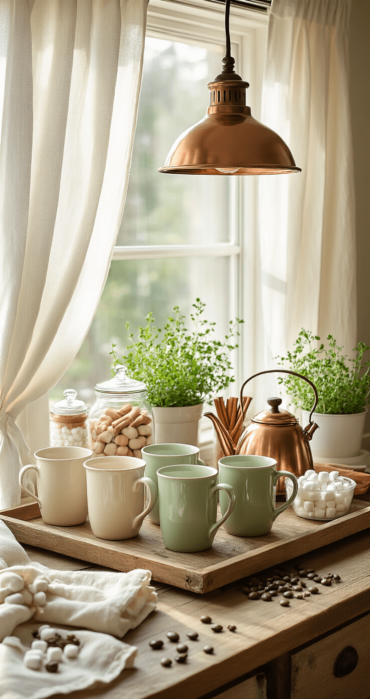 Charming hot beverage station on a vintage brass cart by a kitchen window, featuring ceramic mugs, glass jars of marshmallows and cinnamon sticks, potted herbs, and a steaming copper kettle, all bathed in soft morning light.
