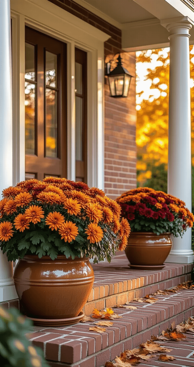 Wide-angle view of a cozy front porch during golden hour, featuring vibrant orange and burgundy chrysanthemums in large ceramic planters by a wooden door, textured brick steps scattered with maple leaves, and warm sunlight casting soft shadows through architectural columns.