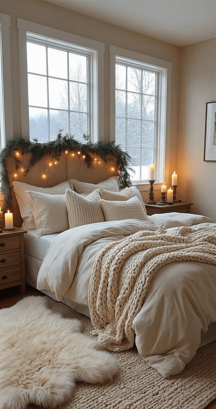 Elegant bedroom sanctuary at blue hour, featuring a king bed with cream linen layers and oatmeal knit throw, adorned with cable-knit pillows. Cedar garland drapes over a wrought iron headboard, illuminated by small battery candles. A sheepskin rug lies beside a vintage wood nightstand with flickering candles, while string lights frame tall windows revealing a snowy landscape. The composition captures a serene and stylish sleeping space.