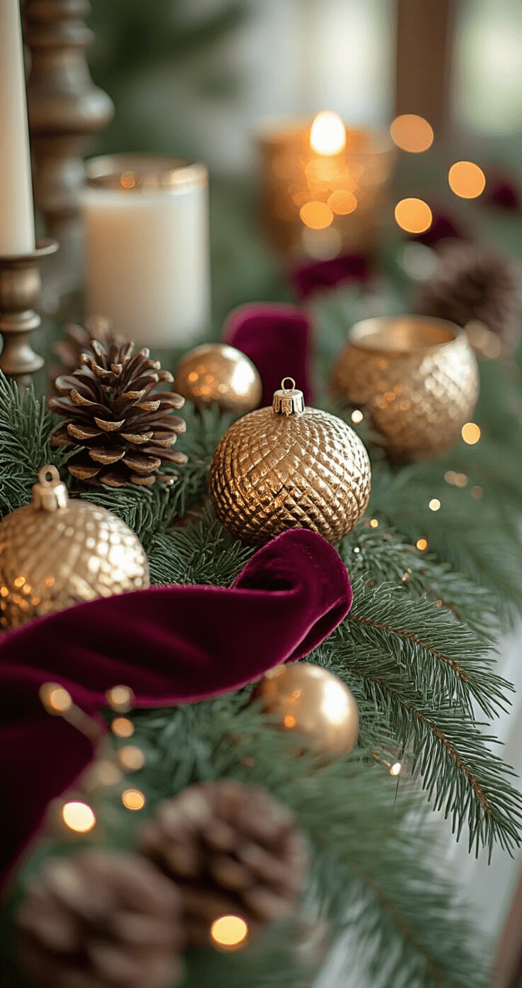 Close-up detail of a mantel beautifully styled with rich velvet ribbons woven through garland, brass ornaments glinting in warm light, and vintage mercury glass votives. The image showcases a mix of textures including smooth glass, rough pinecones, and soft fabric, with a shallow depth of field that highlights the intricate arrangements. The scene is illuminated by warm candlelight and string lights, casting dramatic shadows, featuring a jewel-toned color palette of deep emerald, burgundy, antique brass, and warm white accents.