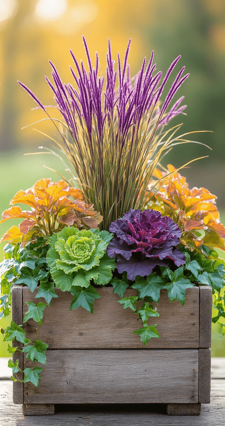 Close-up macro image of a rustic wooden planter filled with tall purple fountain grass, medium ornamental kale, and cascading English ivy, all highlighted by morning dew and autumn color gradients.