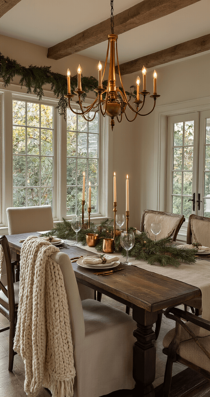 Sophisticated dining room during candlelit dinner hour featuring a dark wood farmhouse table adorned with a natural linen runner and cedar garland centerpiece interwoven with birchwood branches and copper vessels, surrounded by mix-matched vintage chairs with cream cushions and chunky knit throws, under a warm brass chandelier and string lights, with tall tapered candles in brass holders creating intimate lighting.