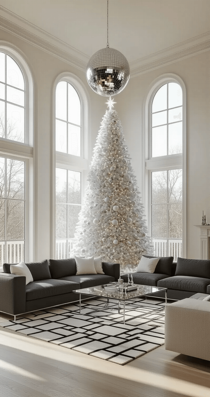 Modern Christmas Trees: Your Complete Guide to Chic Holiday Decorating in 2025 Photorealistic interior of a contemporary living room with a sleek all-white Christmas tree in the corner, 9ft ceilings, and floor-to-ceiling windows. The room features minimalist furniture, including a charcoal sectional sofa and a glass coffee table, with sunlight reflecting off silver disco ball ornaments on the tree. White oak hardwood floors and a geometric black-and-white area rug enhance the sophisticated atmosphere.
