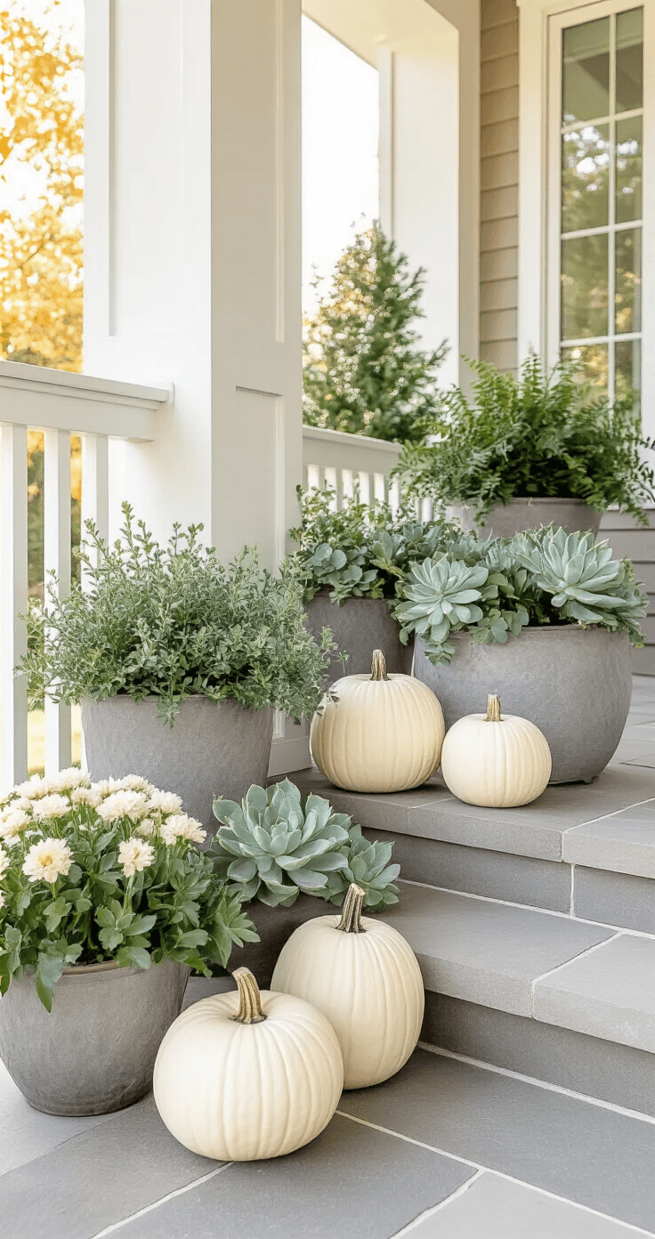 Eye-level view of an elegant front porch corner with varying-height planters, creamy white pumpkins, and silvery-green succulents, showcasing modern fall decor with clean architectural lines and neutral stone flooring.