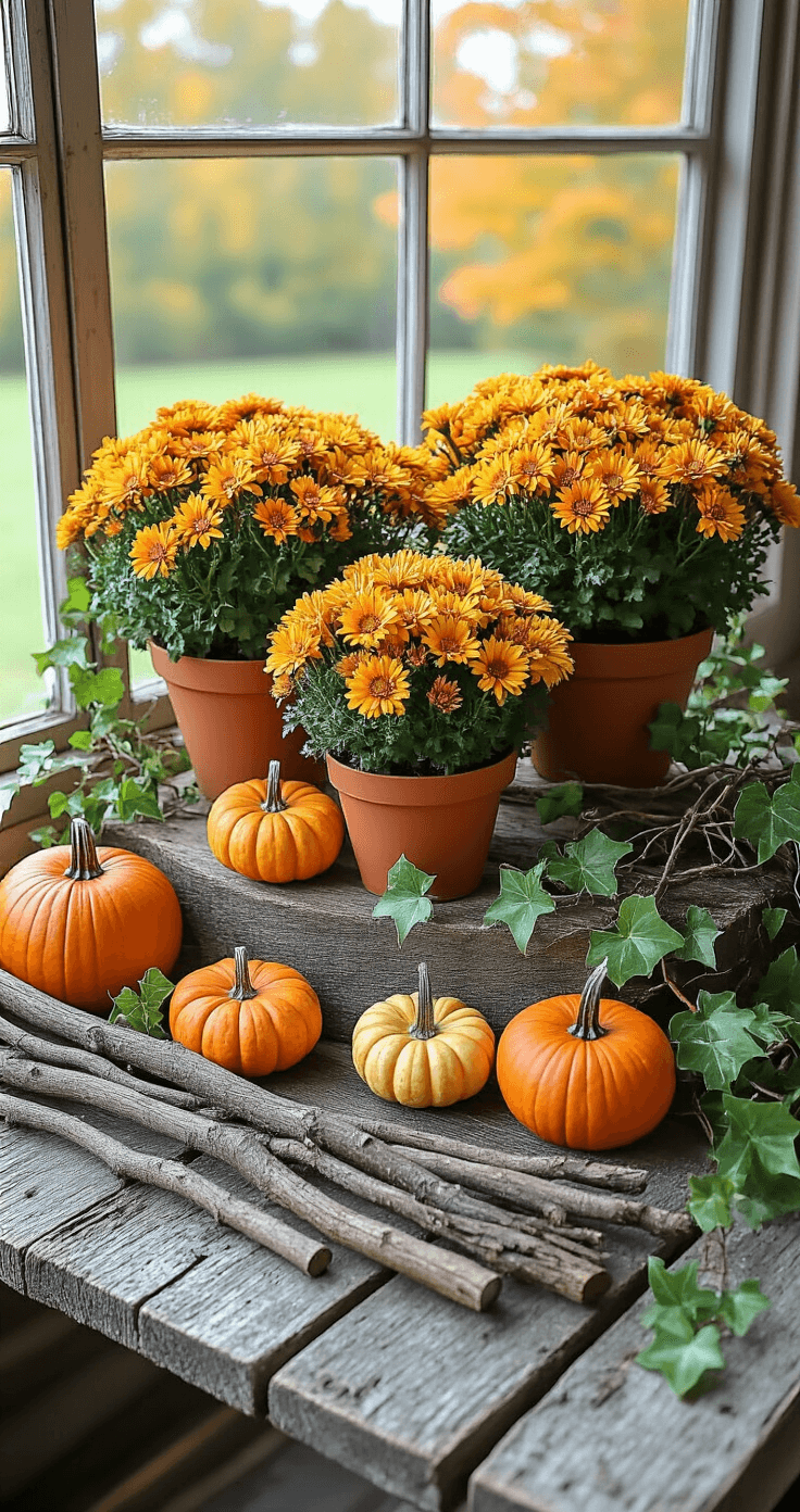 Flat-lay arrangement of budget-friendly fall planter elements on weathered barn wood, featuring grocery store mums in terracotta pots, collected twigs, trailing ivy cuttings, and miniature pumpkins, all illuminated by natural light.