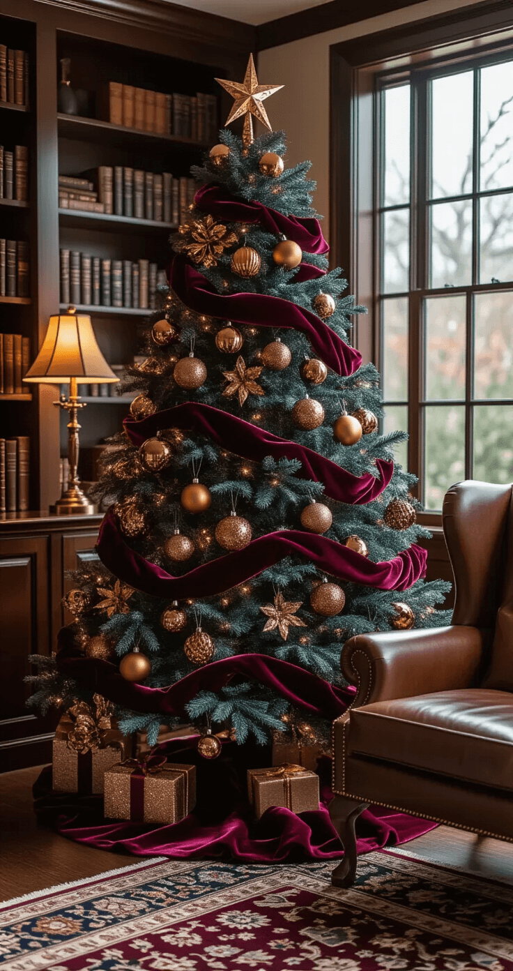 Modern Christmas Trees: Your Complete Guide to Chic Holiday Decorating in 2025 Intimate close-up of a burgundy and navy modern Christmas tree in a cozy den, adorned with rich velvet ribbon garland and copper ornaments, illuminated by warm lamplight, with dark walnut bookshelves and a cognac leather wingback chair in the background.