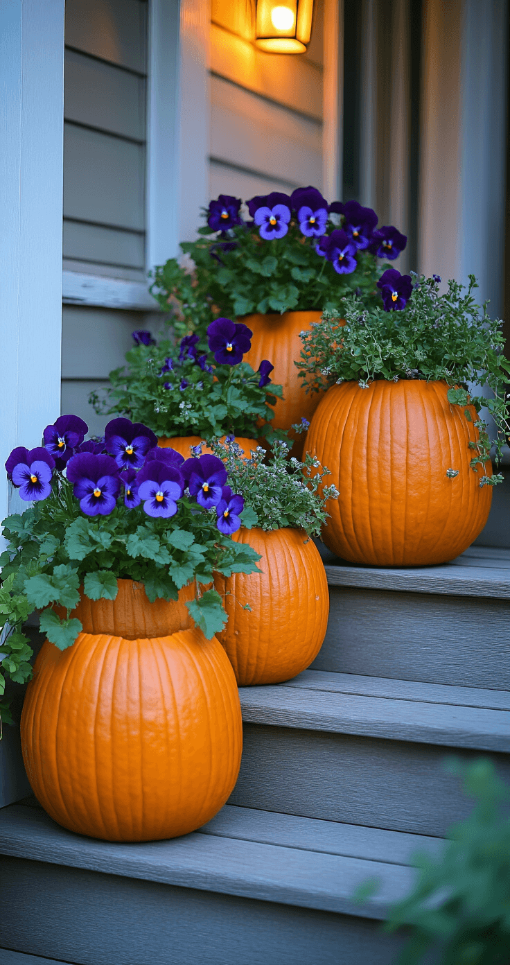 Creative pumpkin planter display on wooden porch steps at blue hour, featuring hollowed orange pumpkins filled with purple pansies and trailing plants, illuminated by warm porch lighting.