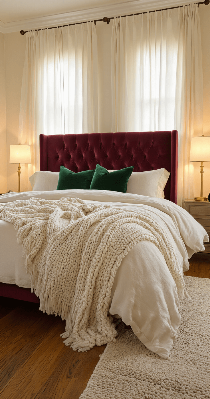 Luxurious bedroom featuring a king bed with a tufted velvet burgundy headboard, layered with cream cashmere throws and emerald velvet pillows, warm golden hour light filtering through sheer linen curtains, rich oak hardwood floors, and cream walls, creating an intimate sanctuary with sophisticated comfort.