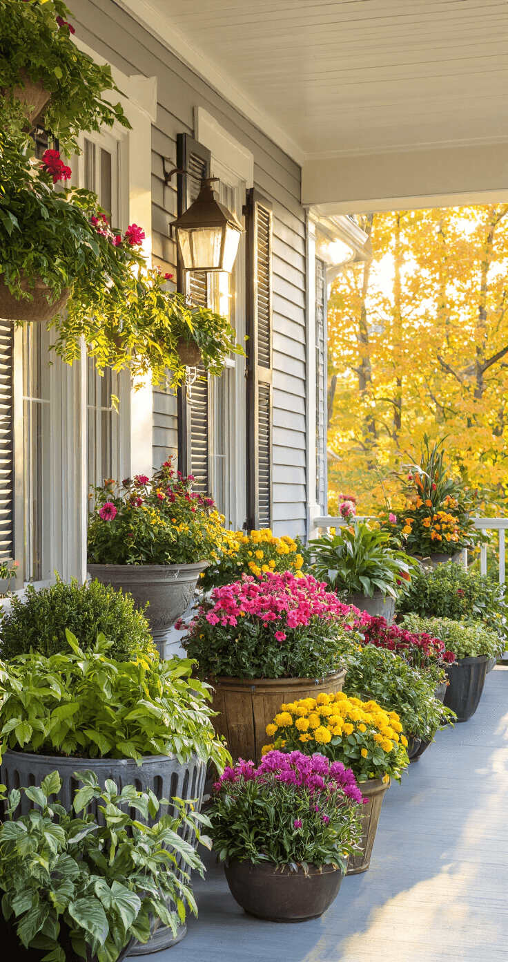 Wide establishing shot of a front porch showcasing a seasonal transformation, with golden afternoon light illuminating vibrant peak-season plants in some planters while others reflect the natural aging process of autumn displays.