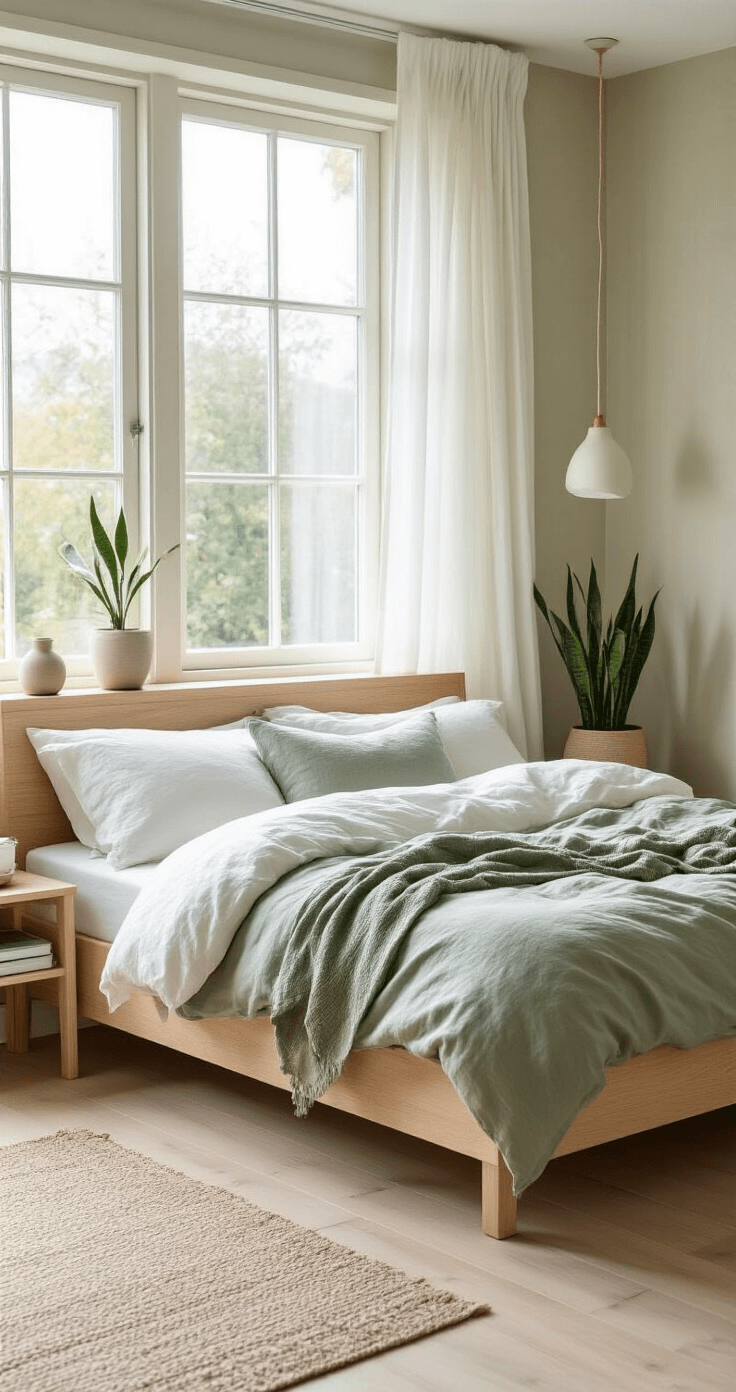 Cozy Scandinavian bedroom featuring a blonde oak platform bed with white organic cotton bedding and a sage green linen throw, illuminated by soft morning light through floor-to-ceiling windows. The space has light ash wood floors, pale mushroom walls, flowing white curtains, a simple ceramic bedside lamp, and a small potted snake plant, all reflecting a serene, minimalist aesthetic.