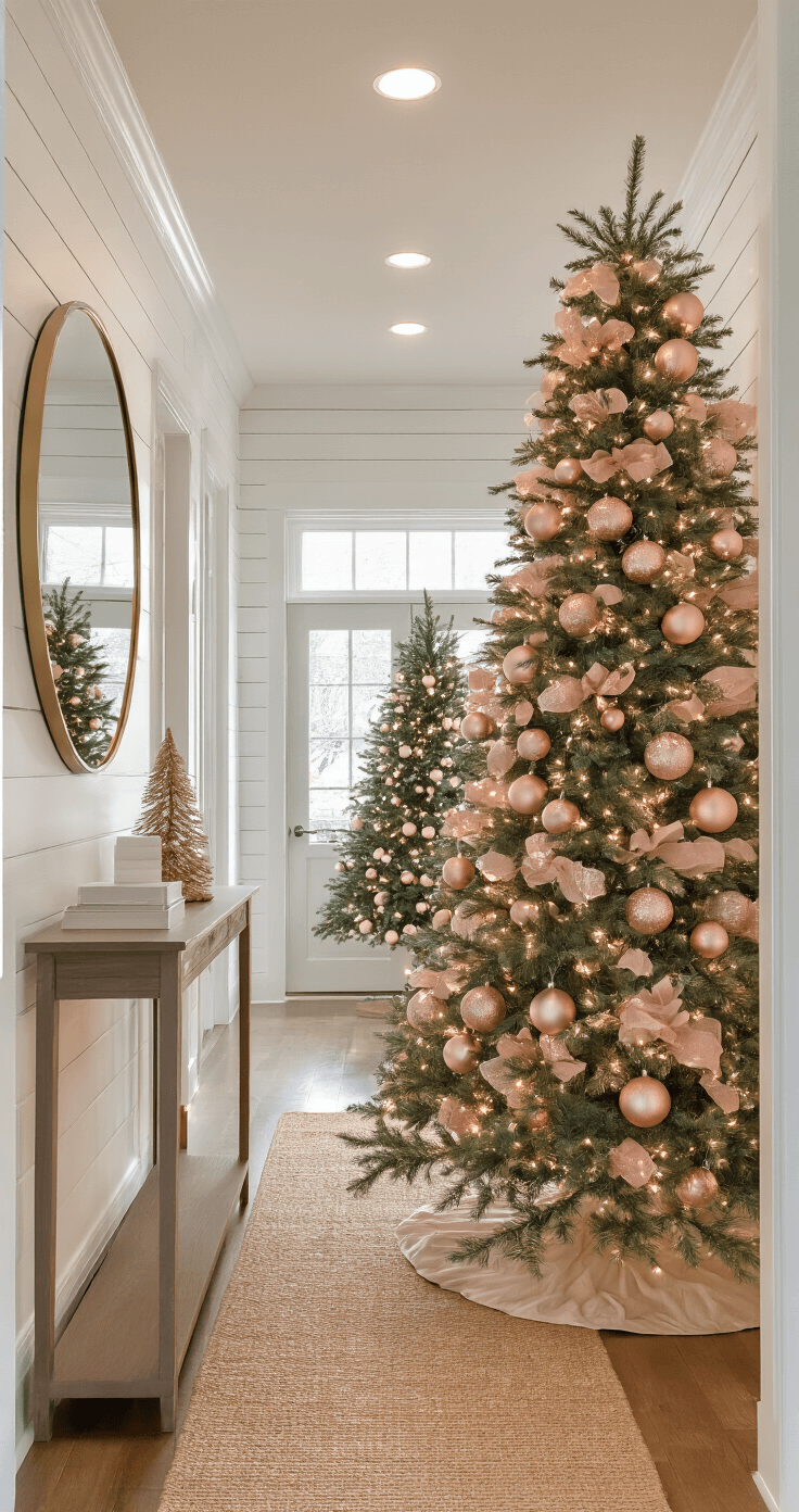 Modern Christmas Trees: Your Complete Guide to Chic Holiday Decorating in 2025 Medium shot of a slim 7ft Christmas tree in a narrow foyer, adorned with rose gold and blush pink geometric ornaments creating an ombre effect, set against white shiplap walls and a sleek modern console table. Warm LED recessed lighting and an oversized round mirror enhance the welcoming atmosphere of the space.