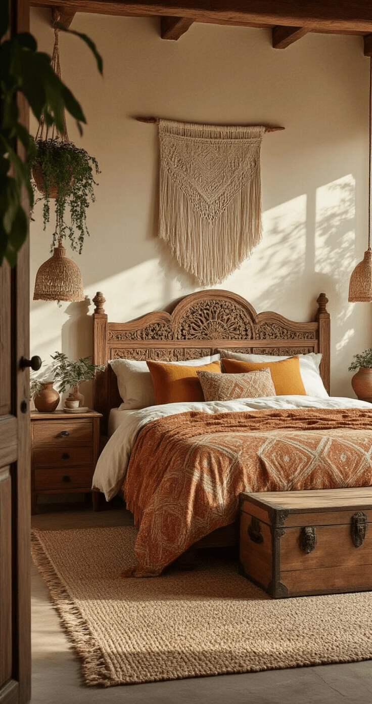 A cozy Bohemian bedroom featuring a carved wooden bed frame adorned with mixed pattern textiles, including a terracotta paisley duvet and mustard geometric throws, illuminated by warm afternoon light. The space includes a textured woven jute rug, vintage brass table lamps with fringed shades, hanging plants in macrame holders, and a vintage wooden trunk for storage. The earth-toned color palette and global influences create a free-spirited yet comfortable atmosphere. The image is captured from a low angle at the doorway, showcasing the room's textures and decor.