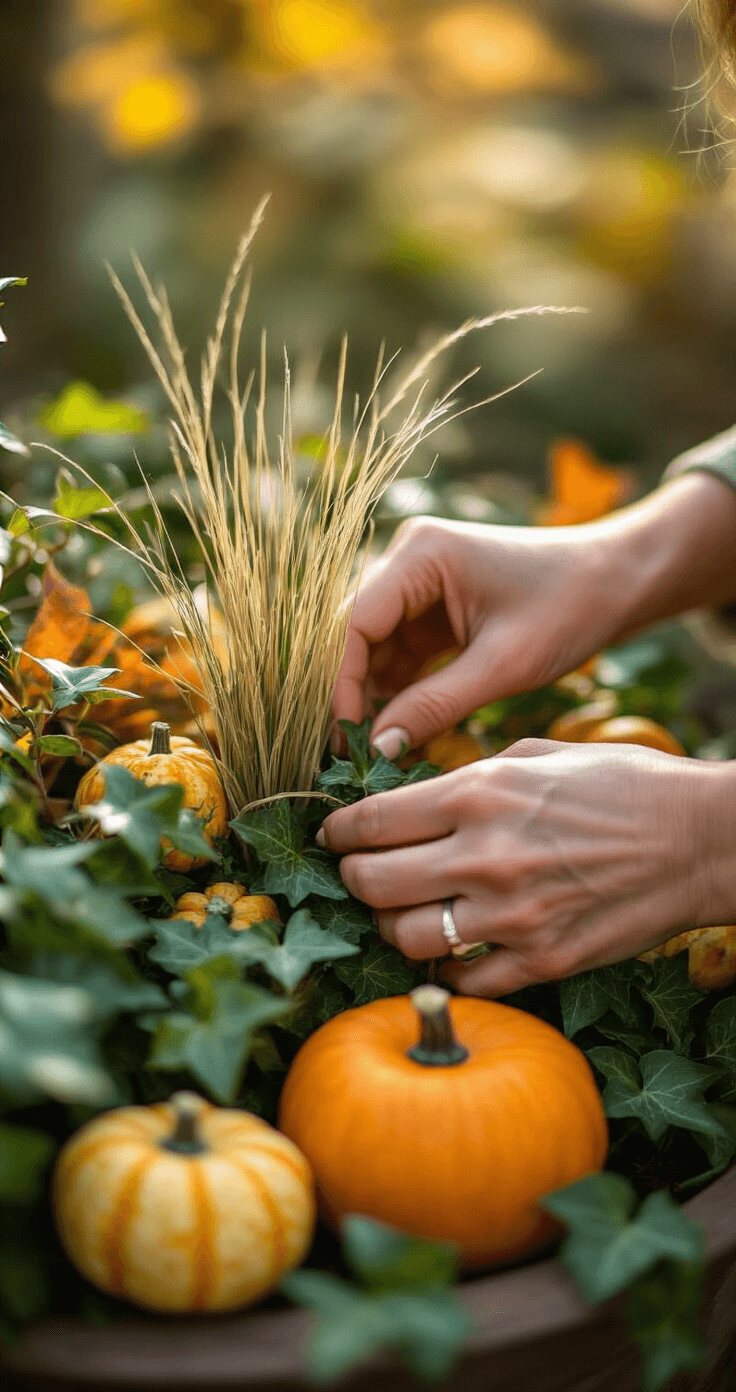 Close-up of hands adding finishing touches to a fall planter with grasses, mini gourds, and ivy, surrounded by warm natural light and a soft bokeh background.