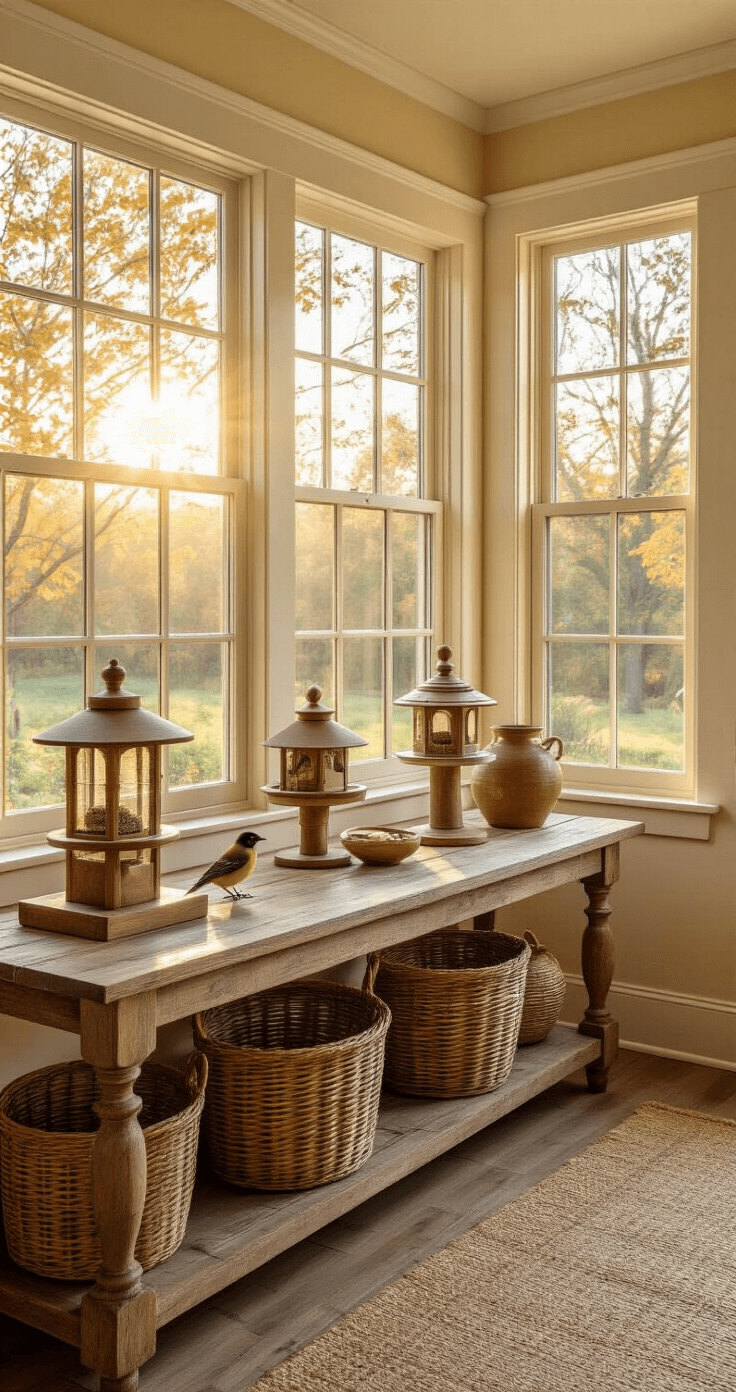 Cozy sunroom with warm sunlight streaming through large windows, featuring a rustic reclaimed wood console table adorned with elegant bird feeders, soft cream walls, vintage brass accents, and layered natural textures like woven baskets and ceramic vessels, creating an intimate wildlife watching atmosphere.