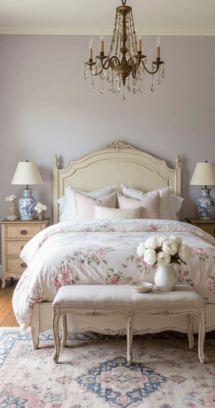 A cozy French country bedroom features a distressed cream wooden bed frame adorned with soft rose floral bedding, under a vintage brass chandelier that casts warm light. Muted pale lavender walls complement aged oak floors, layered with a Persian-style rug in faded blues. Antique linen curtains frame a weathered wooden nightstand with a ceramic lamp, while fresh white peonies sit in a vintage pitcher, all captured in a three-quarter angle showcasing the room's timeless romance and elegant charm.