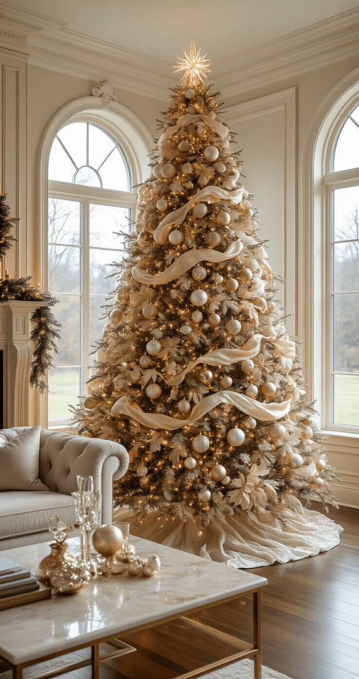 Luxurious living room with an 8-foot Christmas tree adorned with champagne, ivory, and soft gold ornaments, cascading ivory satin ribbon, and pearl garland; rich hardwood floors, cream walls, elegant crown molding, plush velvet sofa, and marble coffee table, all illuminated by soft afternoon light.