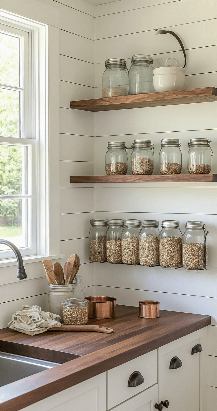 A modern farmhouse kitchen with shiplap walls and a dark walnut butcher block countertop, featuring a dedicated bird feeding prep area with organized mason jar seed storage, copper scoops, and vintage scales, bathed in warm natural light from a garden-facing window, accented with sage green tones and shot from a slight overhead angle.
