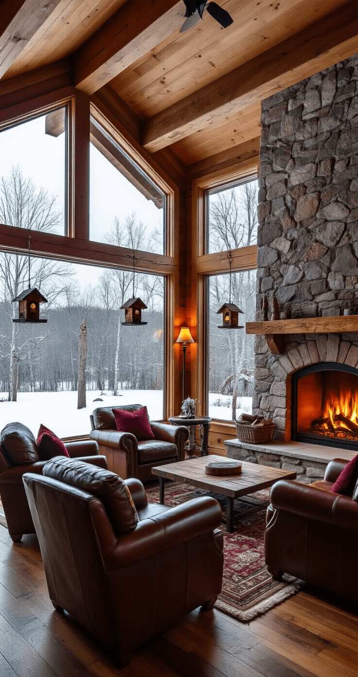 A cozy rustic cabin living room with floor-to-ceiling windows showcasing a snow-covered yard and bird feeders, featuring a stone fireplace, leather armchairs, and warm amber lighting, accented by rich burgundy and forest green textiles.