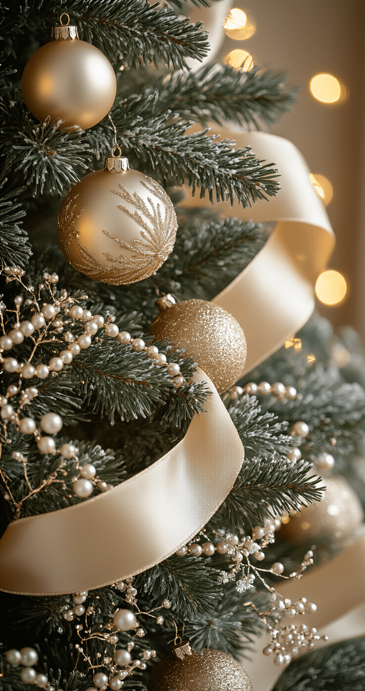 Close-up image of a beautifully styled Christmas tree featuring matte ivory, glossy champagne, and frosted gold ornaments with a wide champagne satin ribbon woven through evergreen needles. Warm white LED lights softly illuminate the scene, highlighting rich textures like velvet ribbon edges and pearl beaded garland. The shot employs shallow depth of field with golden hour lighting creating a warm bokeh effect, emphasizing luxurious materials and sophisticated color harmony.