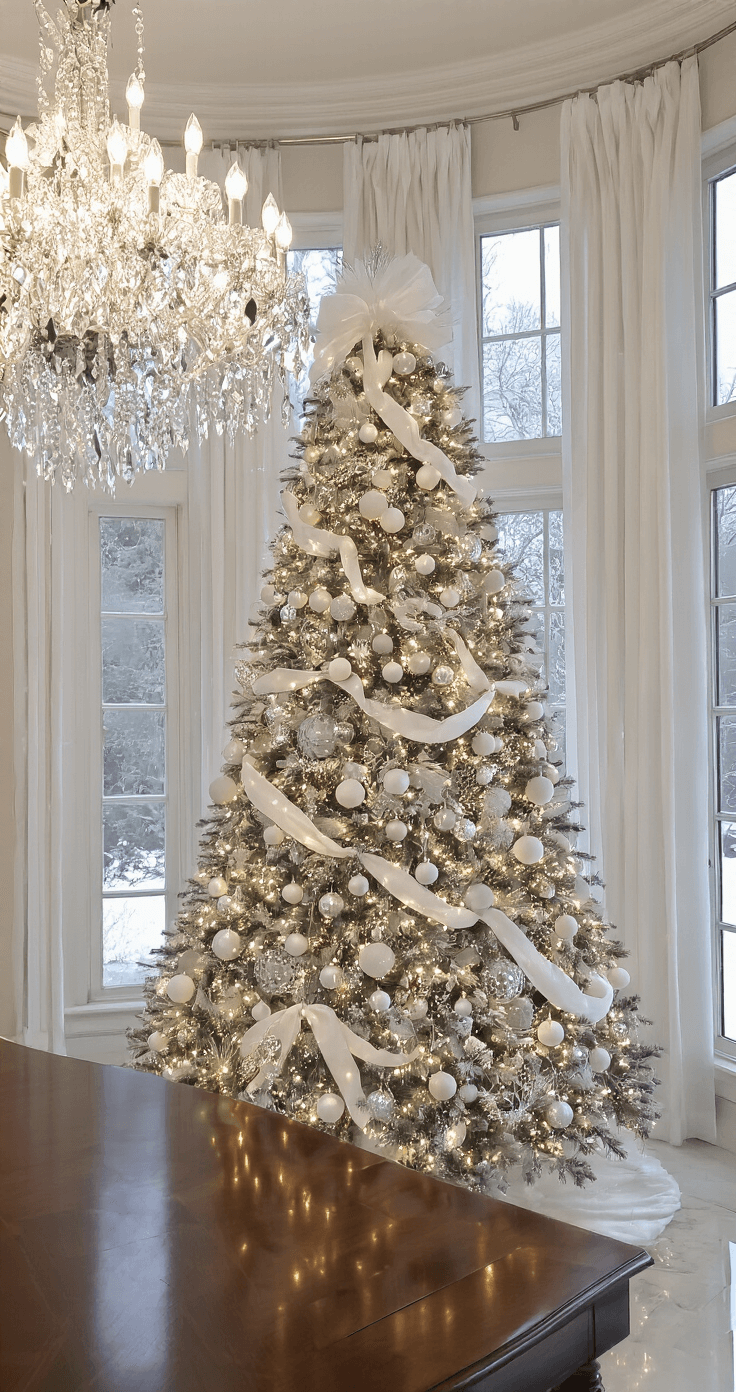 Elegant formal dining room featuring a 9-foot winter wonderland Christmas tree adorned with white and silver ornaments, set against polished marble floors and tall windows draped in white silk curtains, with a crystal chandelier providing layered evening lighting.