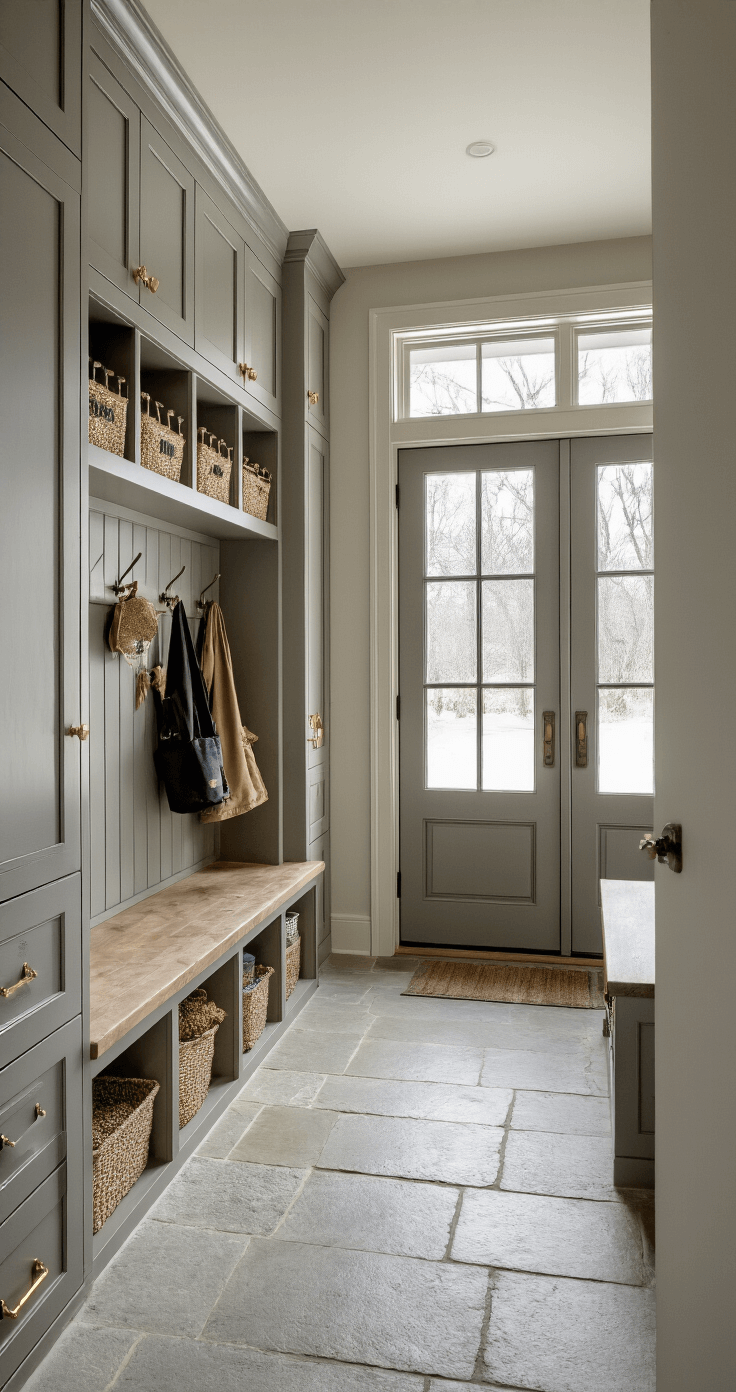 Elegant mudroom entryway tailored for winter bird feeding, featuring a frosted glass door, custom built-in storage with labeled seed compartments, weathered gray cabinetry with brass hardware, practical hooks for outdoor gear, and neutral stone flooring, all captured in soft morning light with a focus on functional organization and clean architectural lines.