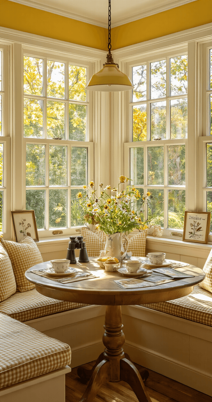 A cozy breakfast nook bathed in golden afternoon sunlight, featuring panoramic garden windows, a vintage farmhouse table set for bird watching, antique binoculars and field guides, pressed flower artwork, soft yellow walls with white trim, and gingham cushions, all captured from a corner angle to highlight the intimate dining experience.
