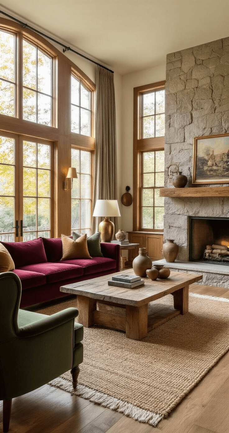 Spacious living room with honey oak floors, large windows for warm light, burgundy velvet sofa, green wingback chair, reclaimed wood coffee table, brass table lamps, woven jute rug under Persian runner, copper accents, and natural stone fireplace mantel with ceramic vessels.
