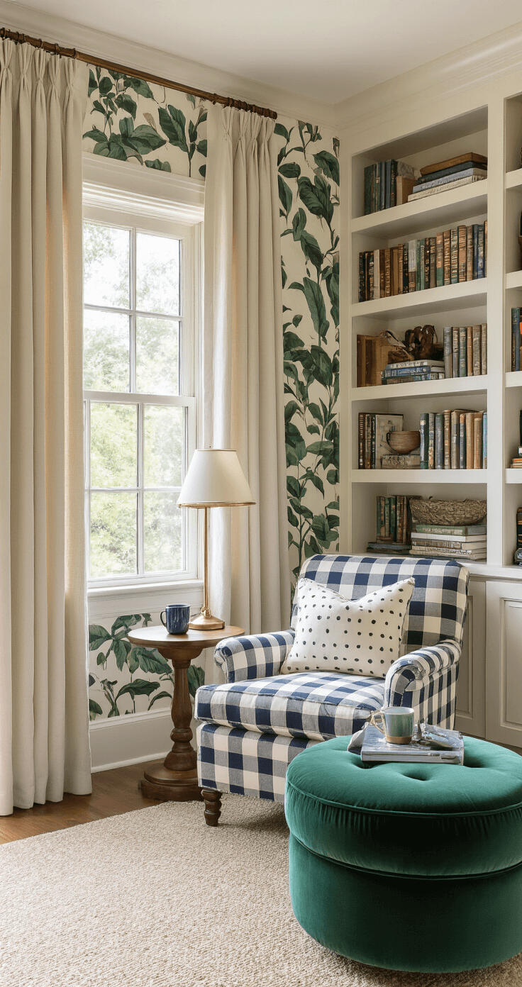 Cozy reading nook featuring built-in bookshelves, a medium windowpane check armchair with a polka dot pillow, a forest green velvet ottoman, and a walnut side table with a brass lamp and ceramic mug, all illuminated by afternoon sunlight filtering through linen curtains. The decor showcases a deep emerald, cream, and navy color palette with mixed patterns and soft lighting.