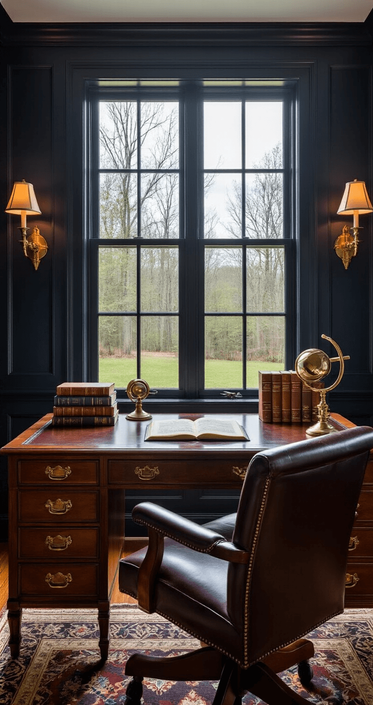 A sophisticated home office featuring dark navy walls and brass sconces, with a large picture window showcasing a backyard bird feeding station. The scene includes a mahogany desk, vintage brass telescope, leather-bound bird identification books, and rich jewel tones, all illuminated by soft overcast daylight, creating a moody, immersive workspace for wildlife observation.
