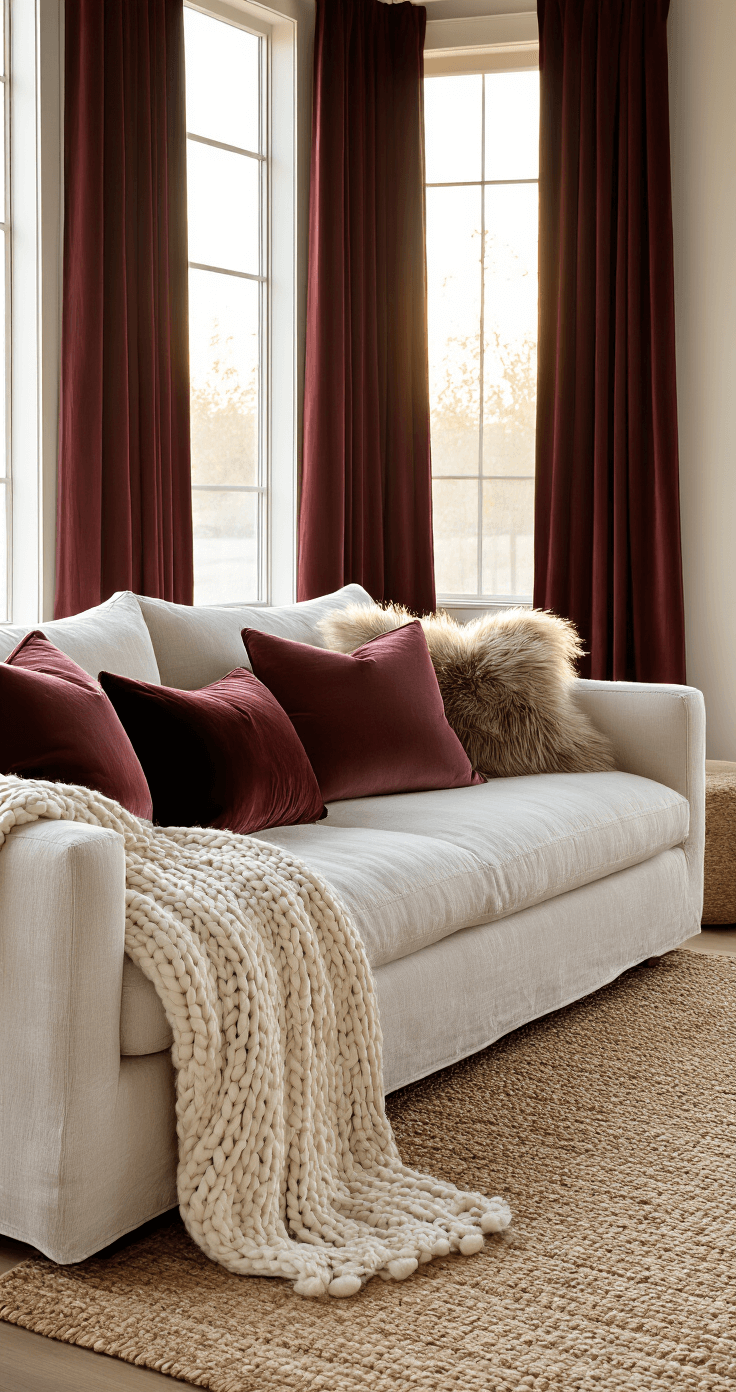 Close-up of a cozy layered living space featuring a chunky knit throw on a linen sofa, faux fur and velvet pillows, a smaller patterned rug over a neutral jute base, and rich burgundy curtains pooling on oak floors, all illuminated by warm golden hour lighting.