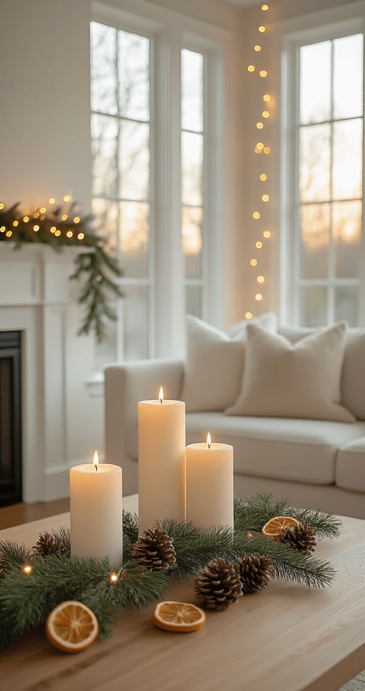 Wide-angle view of a cozy minimalist living room at golden hour, featuring soft white LED string lights on a white mantel, white pillar candles with pine garland and dried orange slices, and a warm cream, gold, and sage green color scheme, with a natural wood coffee table and linen sofa against hardwood floors, backlit by tall windows.