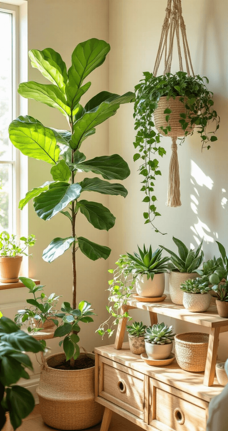 A sunlit corner filled with tall fiddle leaf fig, cascading pothos in macrame hangers, and clustered succulents on floating shelves, all set against cream walls and natural wood furniture.