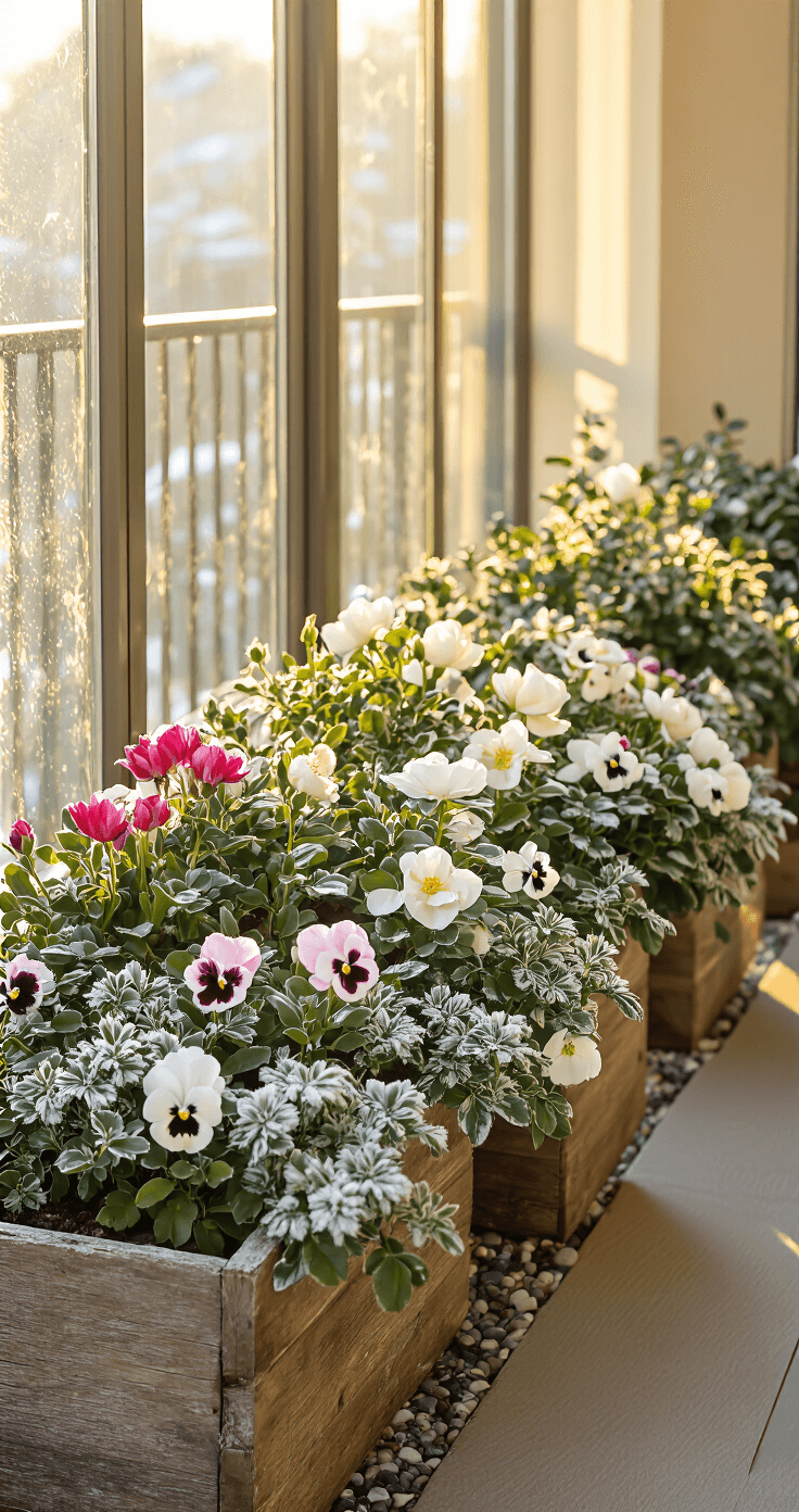 A sunlit balcony with frosted winter planter boxes containing Christmas roses, winter heath, and ice baby pansies, accented by decorative pebbles and golden morning light filtering through glass railings.