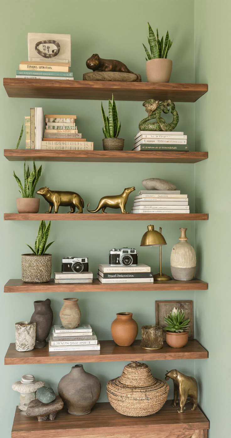 Styled open shelving against a sage green wall, featuring walnut shelves with stacked books, small snake plants in ceramic pots, and vintage brass animals. Soft lighting highlights curated vignettes of cameras, pottery, and found stones, creating an abundant yet organized aesthetic.
